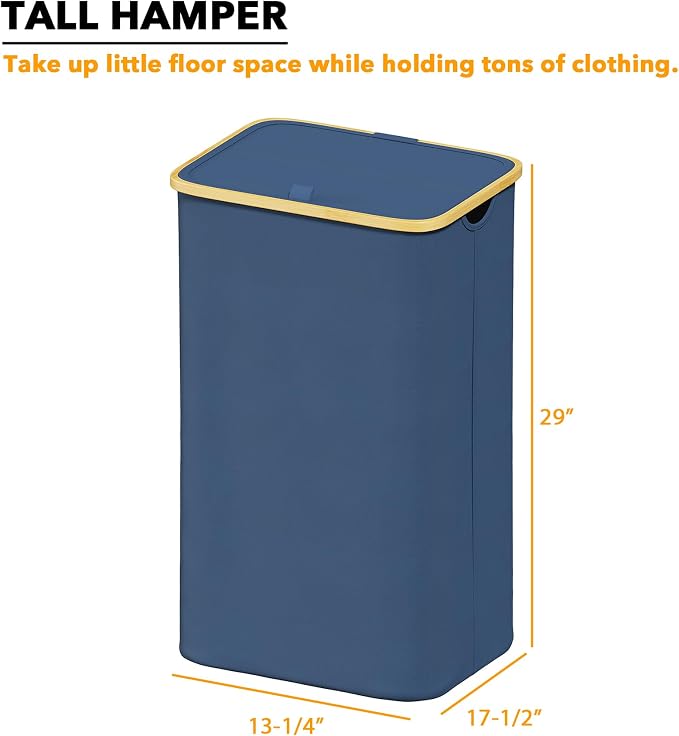 SpaceAid Laundry Hamper with Lid, 110L Large Tall Clothes Basket Bin with Bamboo Handles, Collapsible Laundry Hamper for Bedroom, Bathroom, Dorm, Laundry Room - Blue - Image 4