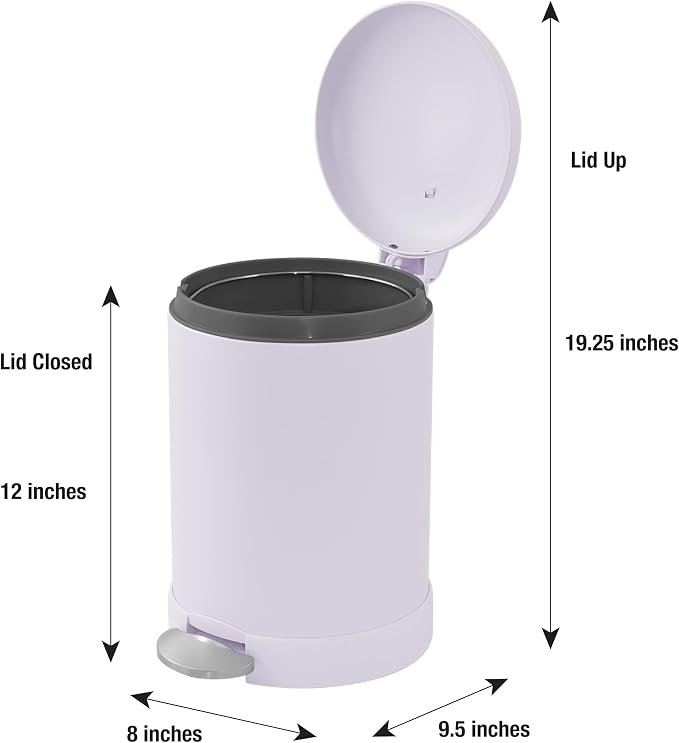 Glad Small Trash Can, 1.2 Gallon | Round Stainless Steel Garbage Bin with Soft Close Lid & Step Foot Pedal | Metal Waste Basket with Removable Inner Bucket, Lavender - Image 2