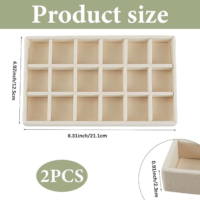 2Pcs 5 x 8.3 Inch Jewelry Box Tray Velvet Jewelry Drawer Insert Antique White 18 Grids Divided Stackable Necklace Storage Container Dresser Drawer Case for Earring Rings Display Showcase - Image 2