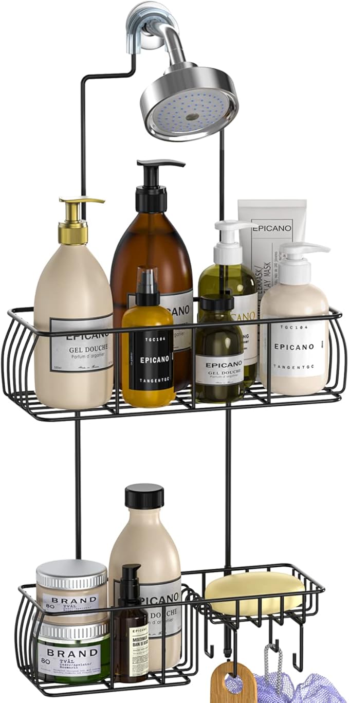 Epicano Shower Caddy Hanging, Anti-Swing Over Head Shower Caddy Rustproof with Hooks for Towels, Sponge and More, Matte Black by Epicano