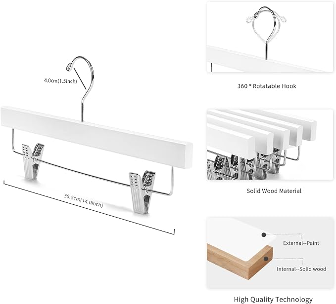 Nature Smile Wooden Pants Hangers Wood Bottom Jeans Skirt Hanger with Clips Anti Rust Hook Pack of 10 (White) - Image 2
