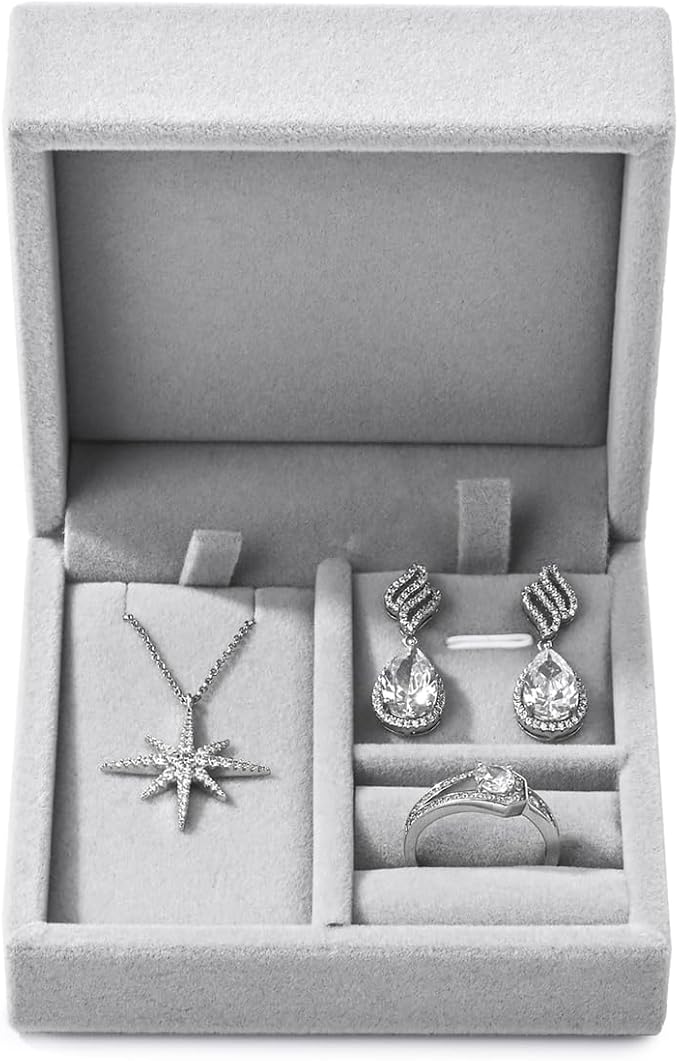 3 in 1 Velvet Jewelry Set Gift Box Earring Gift Box Ring Necklace Boxes Small Jewelry Storage Boxes for Travel Birthday Mother's Day Valentine's Day Gifts (Gray) by Papten