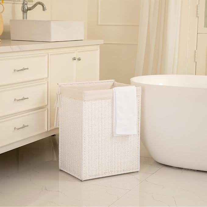 OIAHOMY Laundry Hamper with Lid, 90L(23.8 Gal) Large Wicker Laundry Basket for Bedroom, Handwoven Paper Rope Clothes Hamper with Washable Liner & Metal Frame, Decorative Organizer for Bathroom White - Image 7