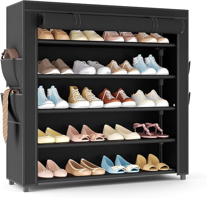 LANTEFUL Shoe Rack with Covers 5 Tier Tall Shoe Rack Organizer Large Capacity Shoe Shelf Storage 20-24 Pairs Space Saving Free Standing Shoe Storage Organizer for Closet, Entryway, Dorm, Black by LANTEFULforTidyingHouse
