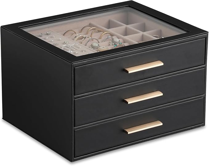 Frebeauty Clear Lid Jewelry Box,3-Layer Jewelry Organizer with Drawer,PU Leather Jewelry Organizers and Storage,Jewelry Boxes for Women,Jewelry Storage for Rings Earring Stud,Gift for Women(Black) by Frebeauty