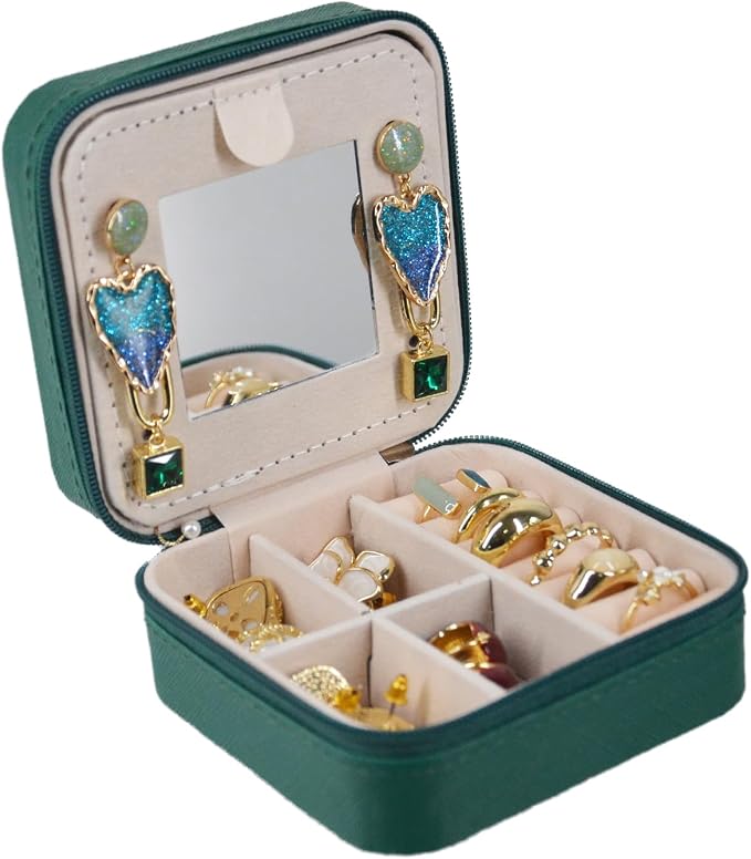 OceeK Travel Jewelry Case Box Organizer with Mirror,Travel Jewelry Box Holder Stocking Stuffers,Green,1 Pack - Image 2