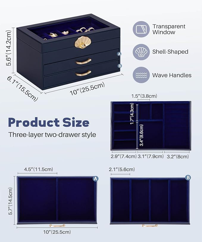 Enthralite Jewelry Box with 2 Drawers: Display Organizer for Earrings Necklaces - Gifts for Girls Women (Dark Blue) - Image 2