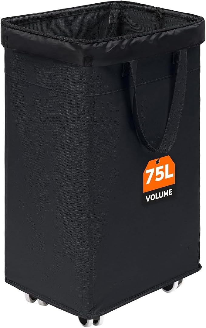 CHICVITA 75L Slim Laundry Hamper with Wheels and Removable Wash Bag, Black Rolling Basket with Handle for Laundry Room by CHICVITA