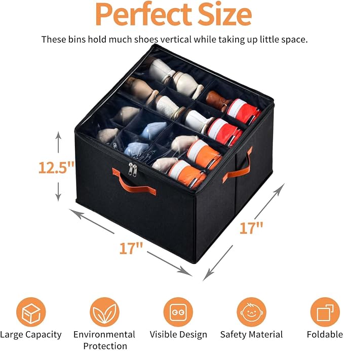 INSTY 2 Pack Shoe Organizer for Closet, Fits up to 32 Pairs, Adjustable Dividers for Shoe Storage, Space-Saving Shoe Bins and Clear Top, Black - Image 2