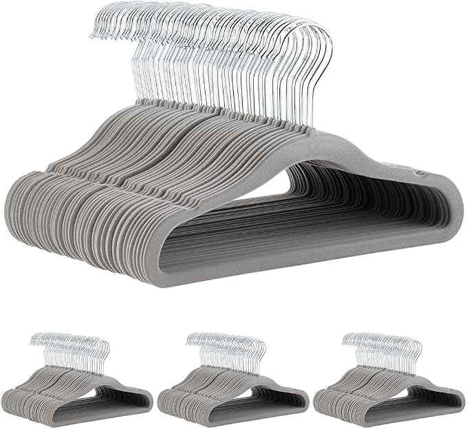 Amazon Basics Kids Velvet, Non-Slip Clothes Hangers for Infant and Toddler, 11.6 inches (for Baby Clothes), Gray (Pack of 4) by AmazonBasics