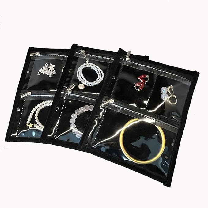 GSXRB Travel Jewelry Organizer Case with Clear Zipper Pouches,3pcs Velvet Jewelry Storage Book Binder, Multi-Layer Inner Pages for Earrings/Rings/Necklace/Bracelet, Compact & Waterproof(Black lining) by CandleWick
