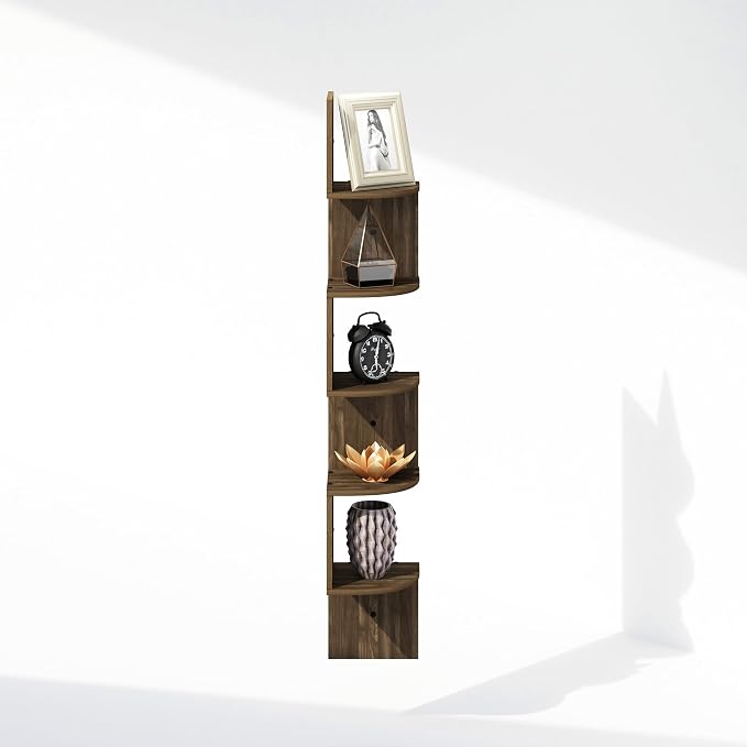 Furinno Rossi 5-Tier Floating Corner Shelf for Wall, Corner Zigzag Shelf Wall Mounted, Radial Wall Mount Shelves, for Home Office, Living Room, Bedroom, Bathroom, Columbia Walnut - Image 4