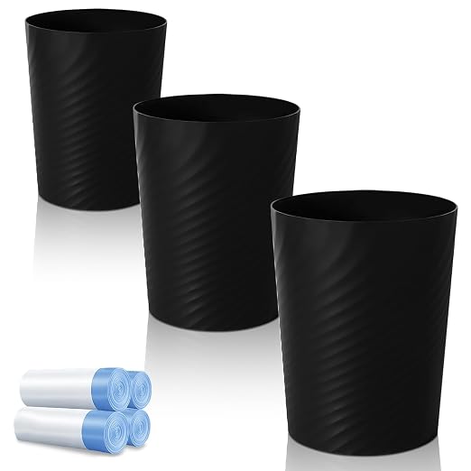 UUJOLY Bathroom Small Trash Can with Trash Bag Plastic Garbage Can Round Waste Basket for Bathrooms, Laundry Room, Kitchens, Offices, Kids Rooms, Dorms, 1.8 Gallons, 3 Pack (Black) by UUJOLY