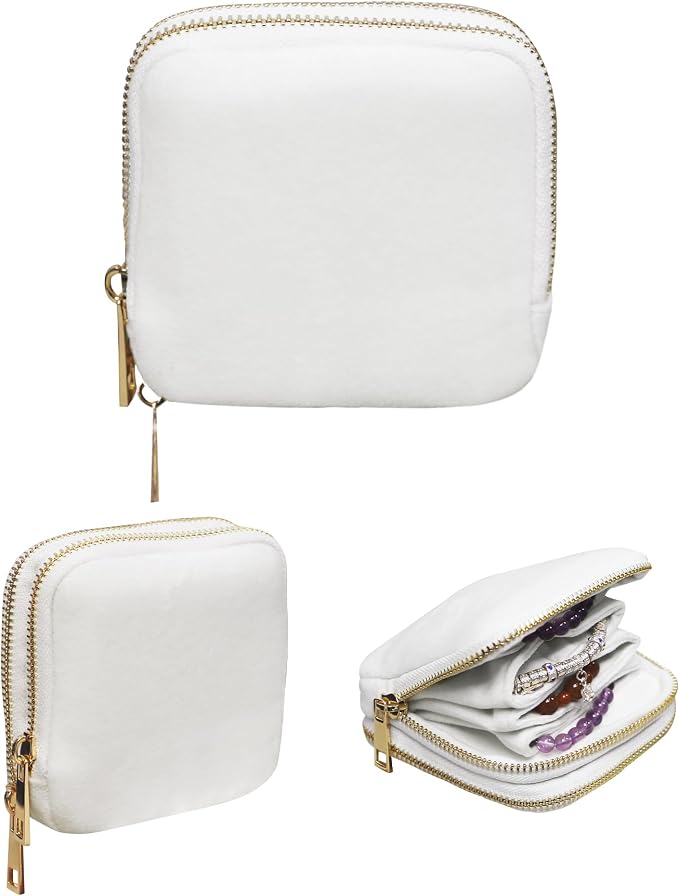 Stratalife Travel Jewelry Case Organizer 2-Layer Compact Storage Bag for Rings Earrings Necklace Bracelet Portable Velvet Jewelry Pouch with Zippers Travel Essential Gift for Women Cream White by Stratalife