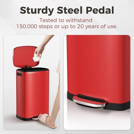 ELPHECO LPHECO Kitchen Trash Can with Lid Soft Close, 13 Gallon / 50L Stainless Steel Pedal Garbage Can, Heavy-Duty Step Wastebasket with 20 Bags, Removable Bucket, Home Office, Kitchen, Scarlet Red - Image 5