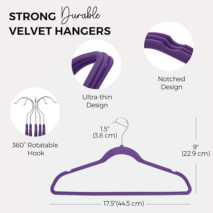HOUSE DAY Premium Velvet Hangers 50 Pack, Non-Slip Flocked Felt Hangers, Sturdy Clothes Hanger with 360° Rotatable Hook, Heavy Duty Durable Slim Coat Hanger for Closet Space Saving (Noble-Purple) - Image 7