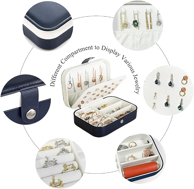 Hatori Travel Jewelry Box, PU Leather Small Jewelry Organizer for Women Girls, Portable Mini Travel Case Display Storage Holder Boxes for Stud Earrings, Rings, Necklaces, Bracelets (Blue) - Image 3