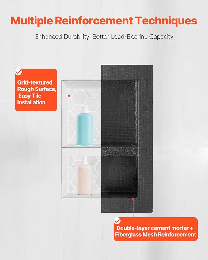 VEVOR Shower Niche, 16 x 20 x 4 inch Recessed Wall Niche with Movable Divider Shelf, Modern Soap & Shampoo Storage Organizer, Square Corners, Sealed Waterproof Design, Black for Bathroom Shower - Image 6