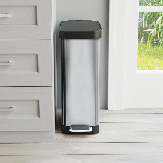 Glad Slim Trash Can with Clorox Odor Protection - Narrow Kitchen Garbage Bin with Soft Close Lid, Step On Foot Pedal and Waste Bag Roll Holder, Stainless Steel, 12 Gallon/45 Liter - Image 5