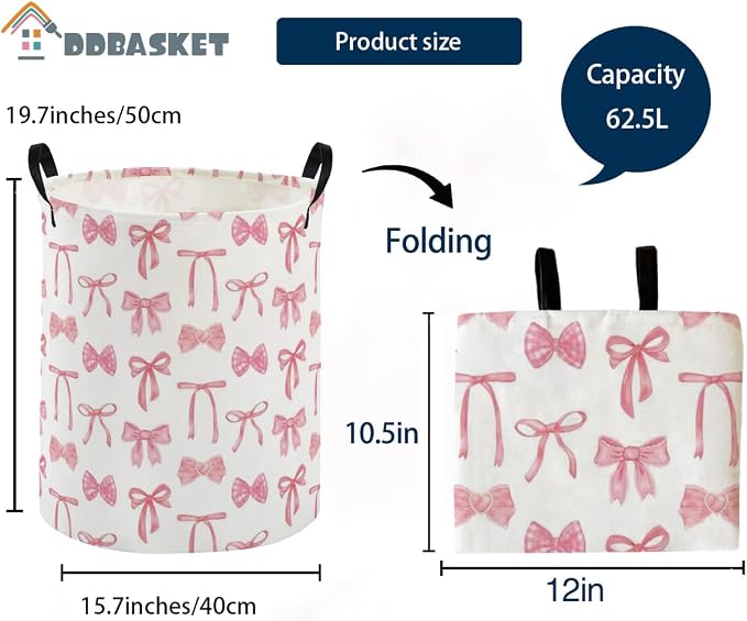Kids Laundry Basket Animal Hamper for Nursery Pink Hamper Cute Kids Storage Bin Organizer Room Decor for Home(Bowknot) - Image 2
