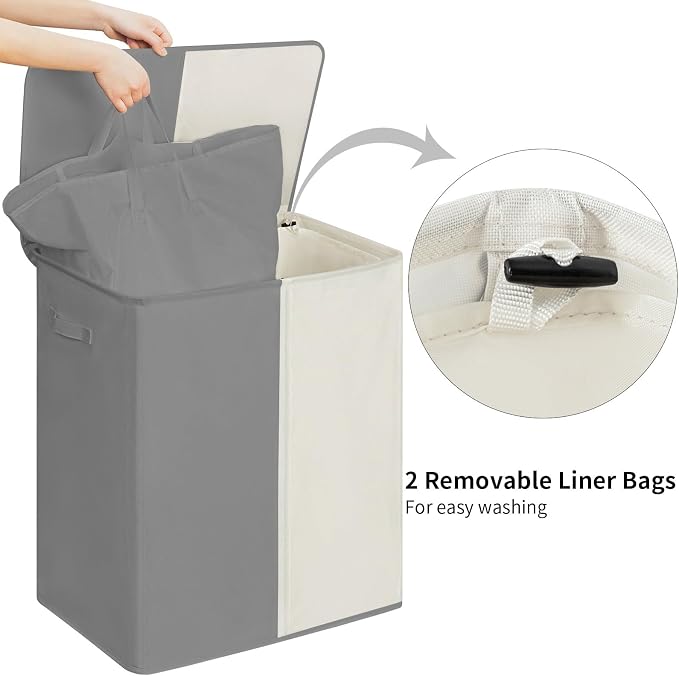 WOWLIVE Double Laundry Baseket with Lid and Removable Laundry Bags,154L Large Laundry Hamper 2 Section Collapsible Dirty Clothes Hamper for Laundry Room,College Dorm,Bathroom,Grey and Beige - Image 4