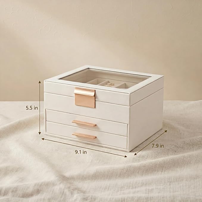 Jewelry Box Organizer with Glass Lid, 3-Layer with Double Drawers, Luxury Velvet Lined Desktop Display Case for Earrings Rings Necklaces, Gift for Women Girls (White) - Image 4