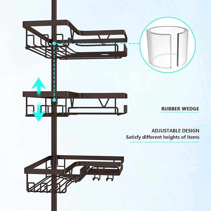 DAOYA Corner Shower Caddy Tension Pole - Adjustable 4-Tier Shower Shelf Stainless Steel Corner Tension Rod Bathroom Organizer Shampoo Holder with Soap Holders & Hooks for Bath, Tub, Floor Space Saving - Image 2