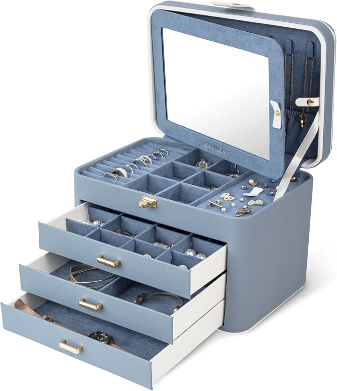 KAMIER Jewelry Boxes for Women, 4 Layer Jewelry Organizer with Mirror, 3 Drawers, Large Jewelry Box for Bracelets, Earrings, Rings, Necklaces, Mothers Day Gifts for Loved One, Bluish Grey by KAMIER