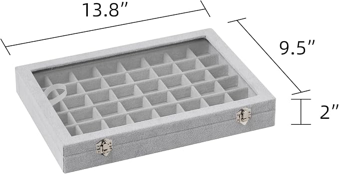 Frebeauty 48 Grid Jewelry Tray,Adjustable Earring Holder Organizer with Glass Lid,Velvet Drawer Jewelry Organizer for Rings,Studs,13.8 x 9.5 x 2 Inches Jewelry Display Box,Gift for Women(Grey) - Image 3