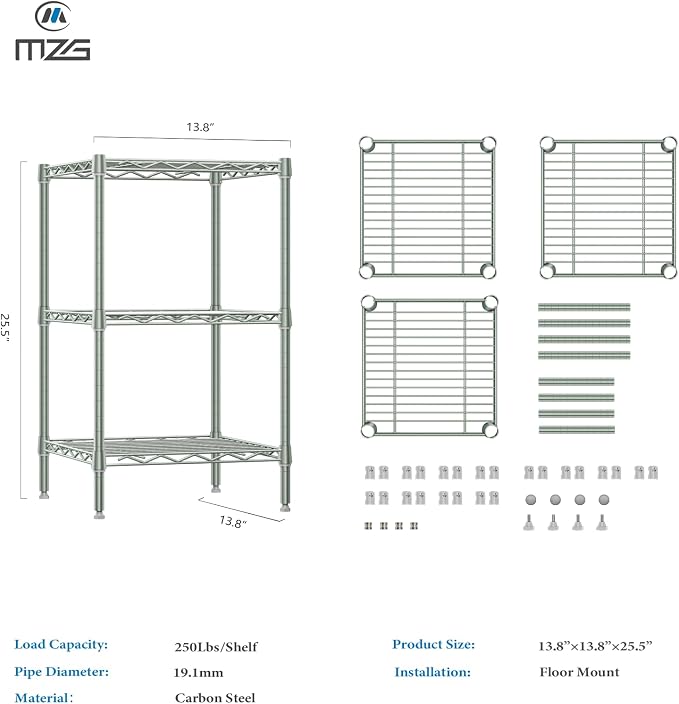 M MZG 750 lbs 3-Shelf Storage Shelves Wire Shelving Unit Standing Metal Rack for Small Places Narrow Wire Rack for Bathroom, Green 13.8 D x 13.8" W x 25.5" H - Image 3