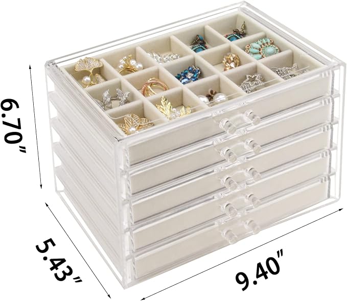 Watpot Acrylic Jewelry Box with 5 Drawers, Clear Earring Storage Organizer Display Case for Women Girls, Beige - Image 5
