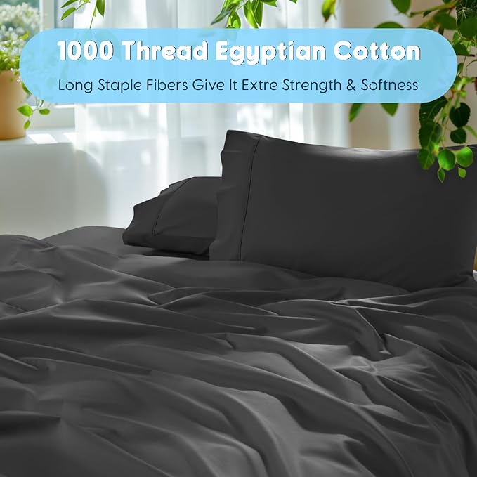 SONORO KATE 100% Egyptian Cotton Sheets Set - 1000 High Thread Count, Luxury 5-Star Hotel Sateen Bed Sheets, Soft, Breathable Long Staple Sheets, Fit up to 16" - 4 PC (Black,Full)