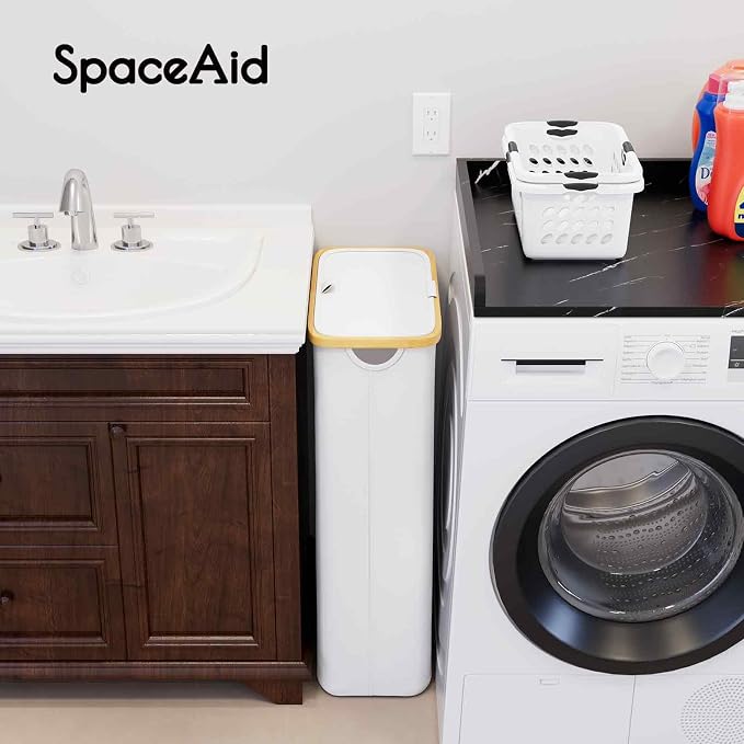 SpaceAid Slim Laundry Hamper with Lid, 65L Narrow Clothes Basket Bin with Bamboo Handles, Skinny Tall Collapsible Hamper for Bedroom, Bathroom, Dorm, Laundry Room - White - Image 6