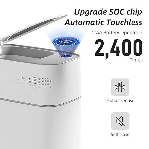 MOPALL Small Bathroom Trash Cans with Lids,Motion Sensor Bathroom Trash Can,Narrow Waterproof Plastic 3.5 Gallon Automatic Adsorption Touchless Garbage Can,White - Image 2