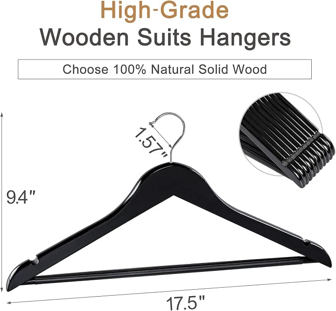 TOPIA HANGER Wooden Hangers 20 Pack, Black Wood Coat Hangers for Closet with Non-Slip Pants Bar, 360° Swivel Hook and Shoulder Notches for Camisole, Suit, Jacket, Pants-CT34B20 - Image 2