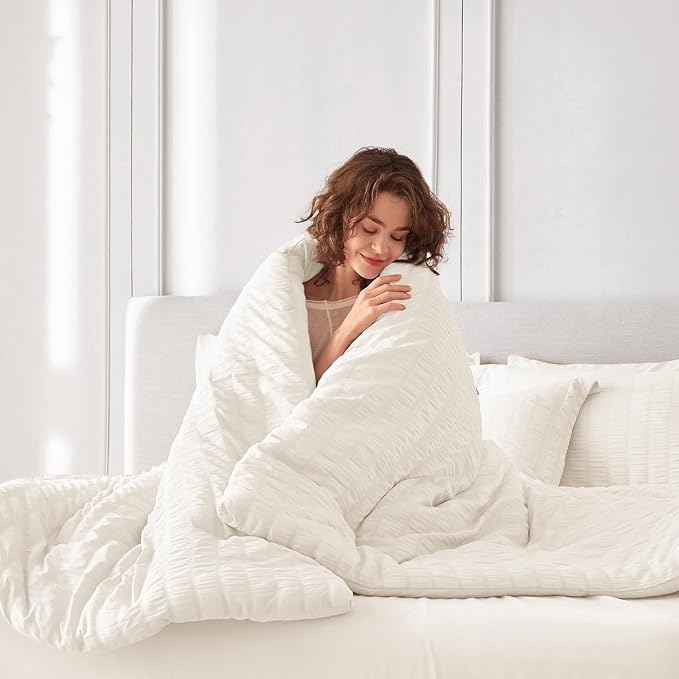 MUXHOMO 5 Pieces Twin XL Comforter Set, Seersucker Bed in a Bag Twin XL Size, All Season Luxury Bedding Set with Comforter, Flat Sheet, Fitted Sheet, Pillowcase & Sham, Ivory