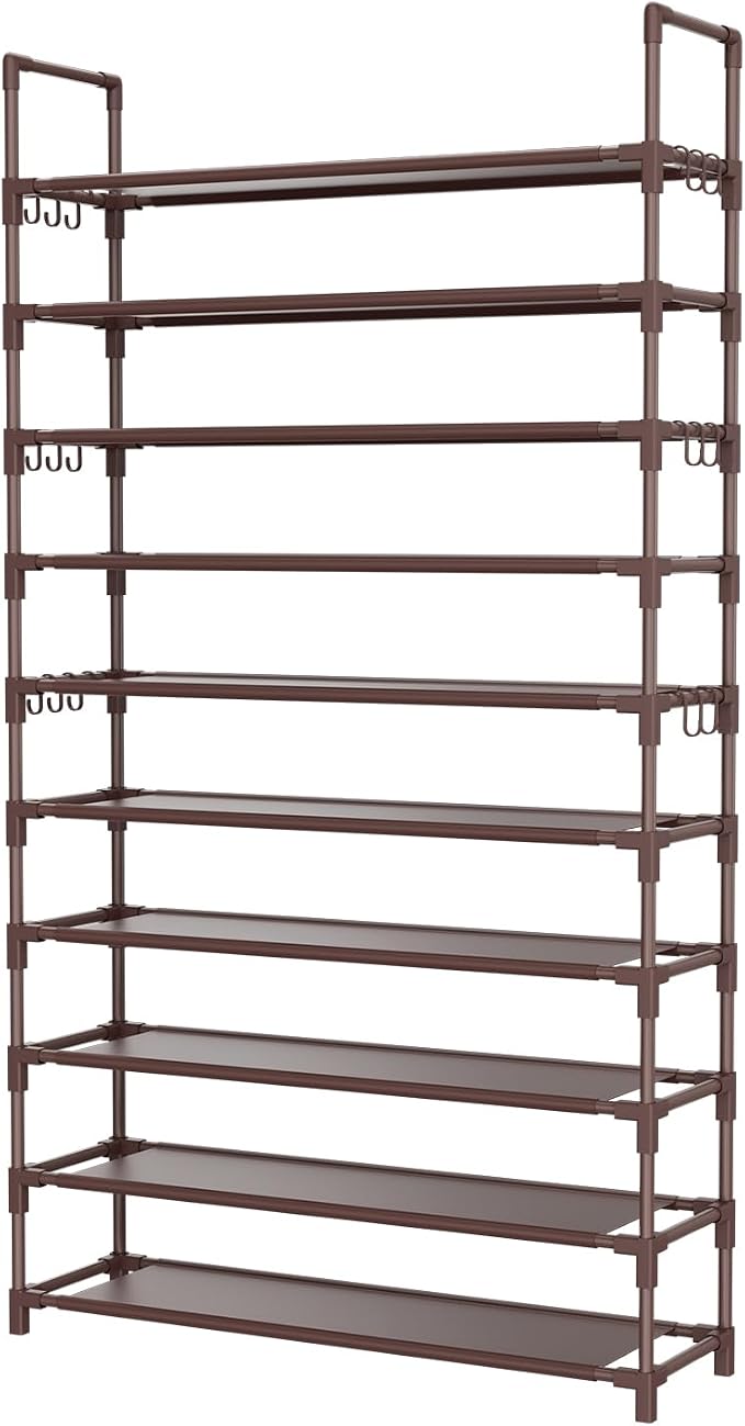 LANTEFUL Tall Shoe Rack 10 Tier Shoe Organizer Large Shoe Shelf with 18 Hooks Storage for 50 Pair Sneaker and Boot, Stackable Vertical Shoe Rack Organizer for Closet, Entryway, Bedroom, Brown - Image 8