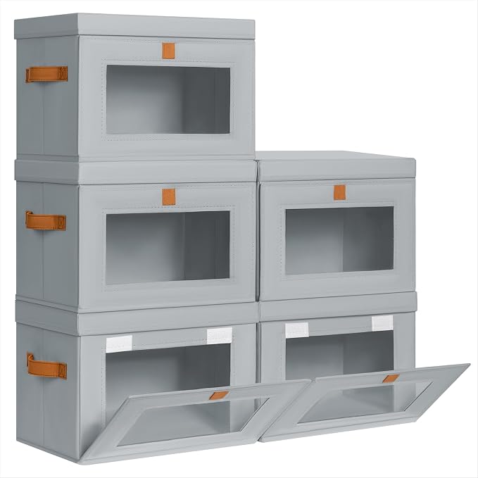 Homsorout Small Fabric Storage bins - Collapsible Storage Bins with Open Window, 5 Pack Closet Baskets for Shelves, Stackable Decorative Boxes for Home, Dorm, Grey, 13.7"x 9.8" x 9.8" by Homsorout