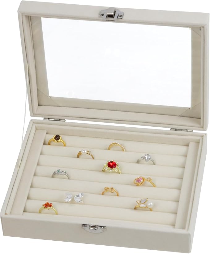 Fordonral Velvet Jewelry Organizer Box, Jewelry Drawer Organizers Trays, Earring Ring Necklace Holder Display Case (Beige, Ring Box) by Fordonral