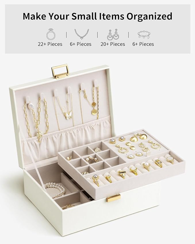 VLANDO Jewelry Box for Women, Gift for Women Girls,2 Layer Jewelry Box,Large Jewelry Organizer for Women Removable Jewelery Tray for Necklace Earrings Rings(Cream White) - Image 5