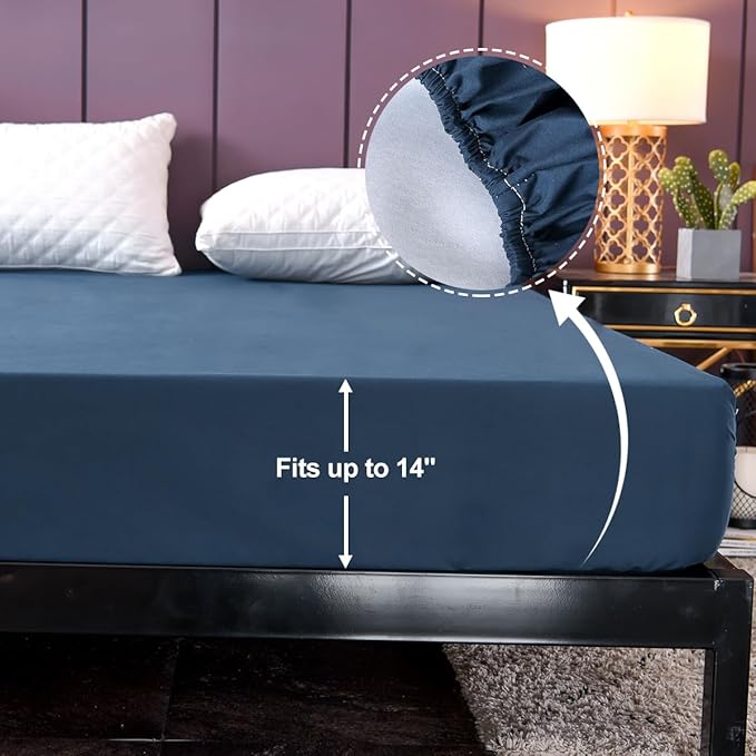 NTBED Waterproof Mattress Protector Cover Queen Size 14 inches Deep Pocket Polyester Bed Pad Cover Solid Color Fitted Sheet (60‘’x80‘’ (Dark Blue, Queen)