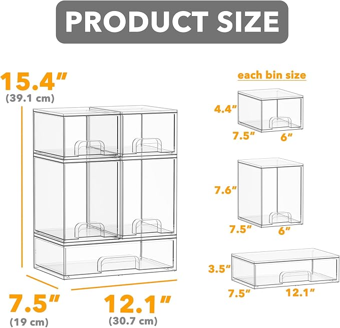 SpaceAid Bottle Storage Organizer Baby - Acrylic Bottles Station Organizer Container, Stackable Clear Drawers for Countertop, Vanity, Bathroom, Cabinet, Pantry Organization, 5 Pack, 2S2M1L, 15.4" H - Image 2