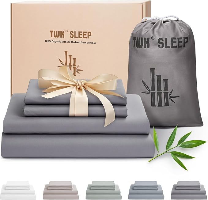 TWK Luxury Sheet Set, Genuine 100% Organic Viscose Derived from Bamboo, Cooling & Breathable, Silky Soft, Bedding Sheets & Pillowcases (Gray, King)