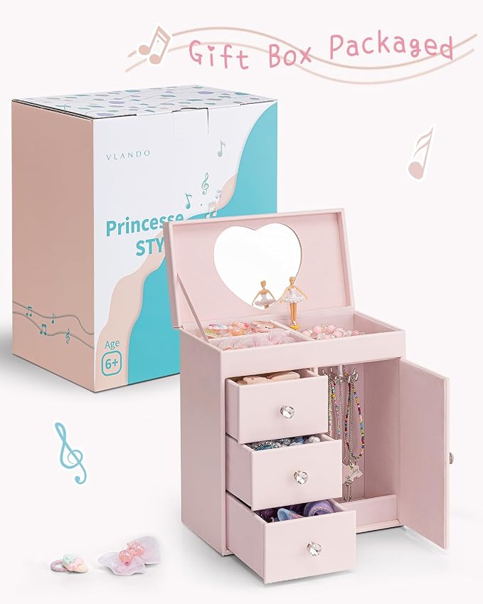 Vlando Musical Jewelry Box for Girls - Valentines Day Gift for Kid - Large Kid Music Box with Ballerina for Birthday Bedroom Decor, 4 Layer Girl Jewelry Gifts for Girls Kids - Light Pink - Image 9