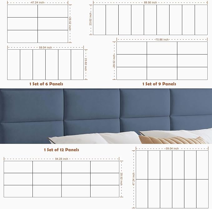 IFNOW Wall Mounted Upholstered Headboard Queen, 3D Peel and Stick Soundproof Panels, Reusable and Removable Padded Leather Bed Headboard, 9 Panels 9.84" x 23.62", Navy Blue
