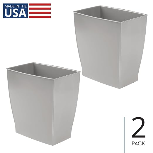iDesign Small Plastic Bathroom Trash Can, Slim Rectangle Garbage Bin for Bedroom, Office, Dorm, 2-Pack, Gray - Image 2