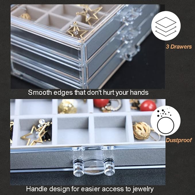 YUFONG Earring Organizer Box Acrylic Jewelry Organizer with 3 Drawers 54 Adjustable Grids Clear Stackable Earring Holder Velvet Trays Ring Display Case for Women Girls (Gray) - Image 6