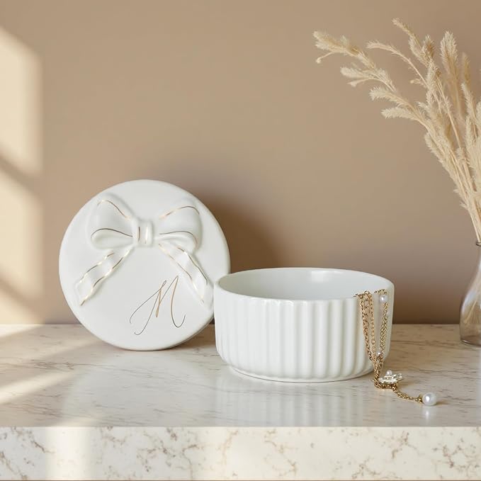COLLECTIVE HOME Monogram Initial Jewelry Box with Bow - Elegant Ring Holder & Earring Dish | Christmas Gift Idea for Women, Unique Birthday Present for Her (M) - Image 3