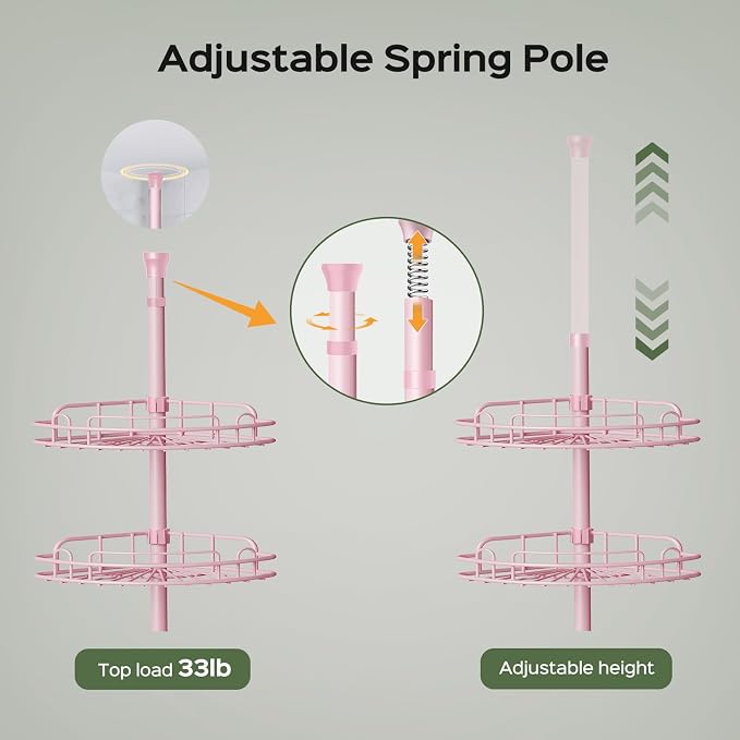 HAMITOR Corner Shower Caddy Tension Pole: 4-Tier Rust-Resistant Adjustable Bathroom Organizer Shelves - 47-121 Inch No-Drill Quick Installation - Space-Saving Storage for Renters Family - Pink - Image 4
