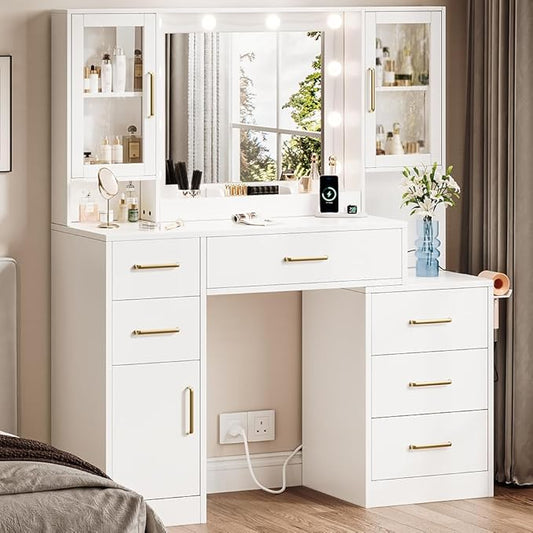 UGTOO Makeup Vanity Desk with Mirror and Lights, 51.2" Makeup Vanity with Lights & Charging Station, Dressing Table Vanity Set for Bedroom, White Vanity Table with 6 Drawers and 3 Cabinet